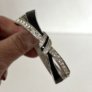 Vintage Bangle Bracelet Rhinestone Crystal Bow Black Enamel 1980s